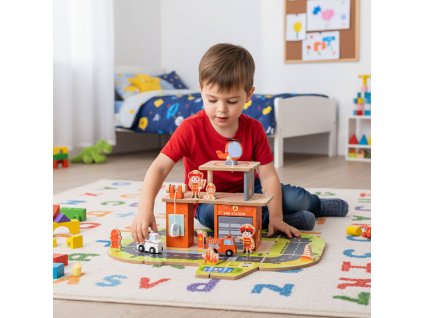 Stavebnice dřevěná garáž hasičská sada 2v1 – hasičská zbrojnice a auto 2 patra figurky vozidla