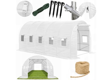 Zahradní fóliovník 5x3x2m 15 m² 2 vchody UV 4 + semínka a provázek Zdarma! Bílá