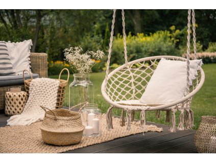 Závěsné křeslo Boho, zahradní houpačka s polštářem, bílá