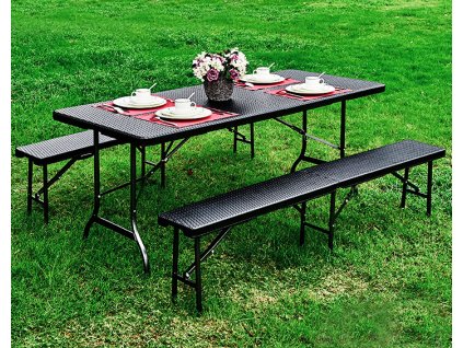 Cateringový set - stůl 180 cm + 2 lavice, ratan, hnědý