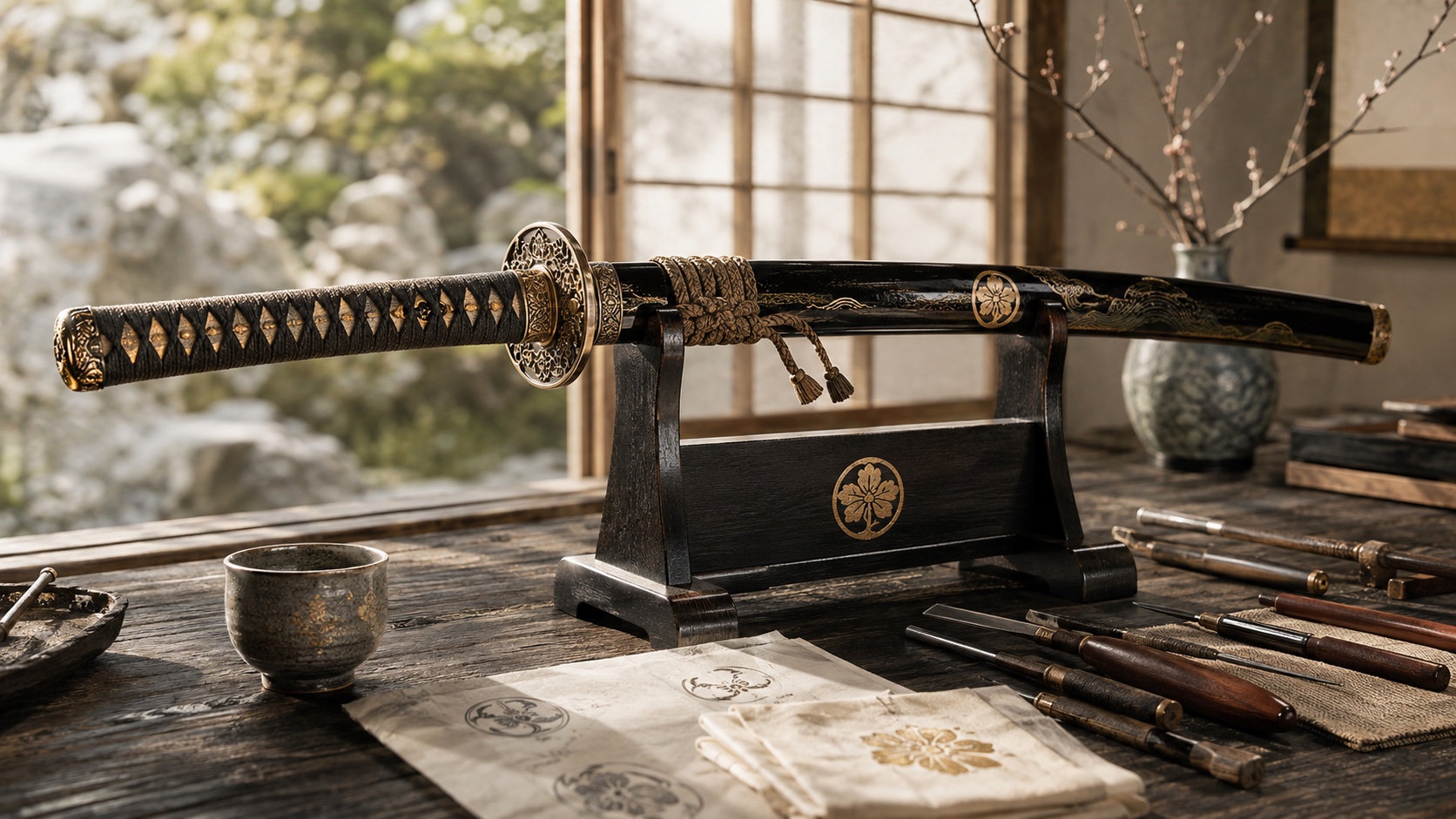 Tradičně zdobený japonský meč v řemeslné dílně