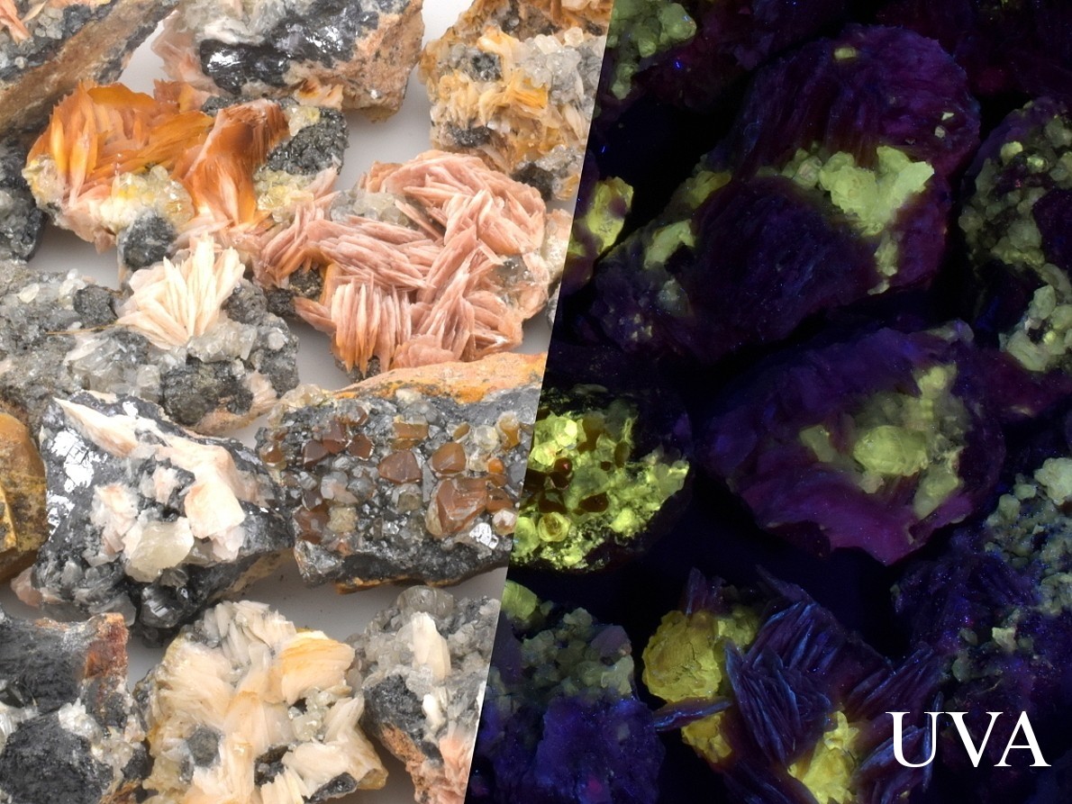 Minerál cerusit z lokality Mibladen, kombinace s galenitem a barytem, UV fluorescenční.