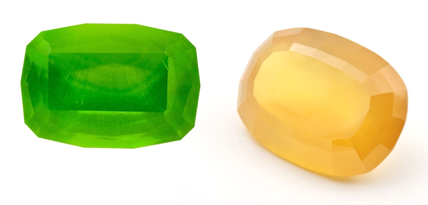 Fasetované kameny zeleného a žlutého smithsonitu.
