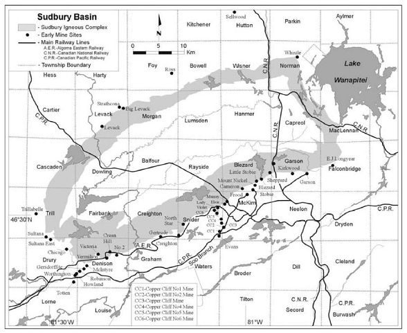 Historická mapa pánve Sudbury z roku 1917 s geologickými útvary a důlními lokalitami.