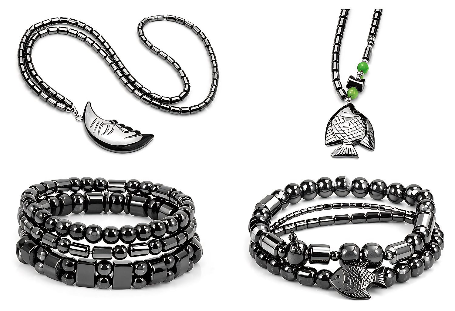 Magnetický hematin v podobě náramků, náhrdelníků a přívěsků s kovovým leskem.