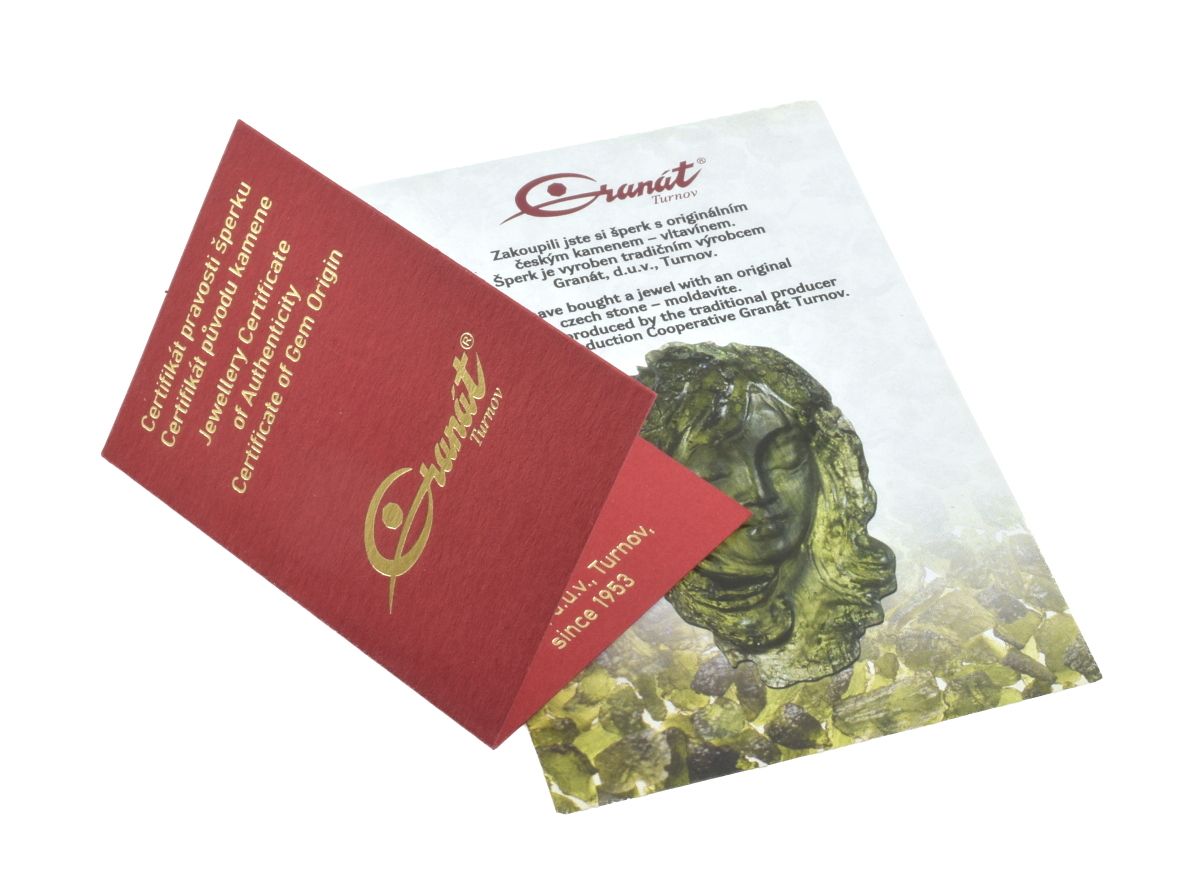 Certifikát pravosti šperků Granát Turnov doplněný o vltavín.