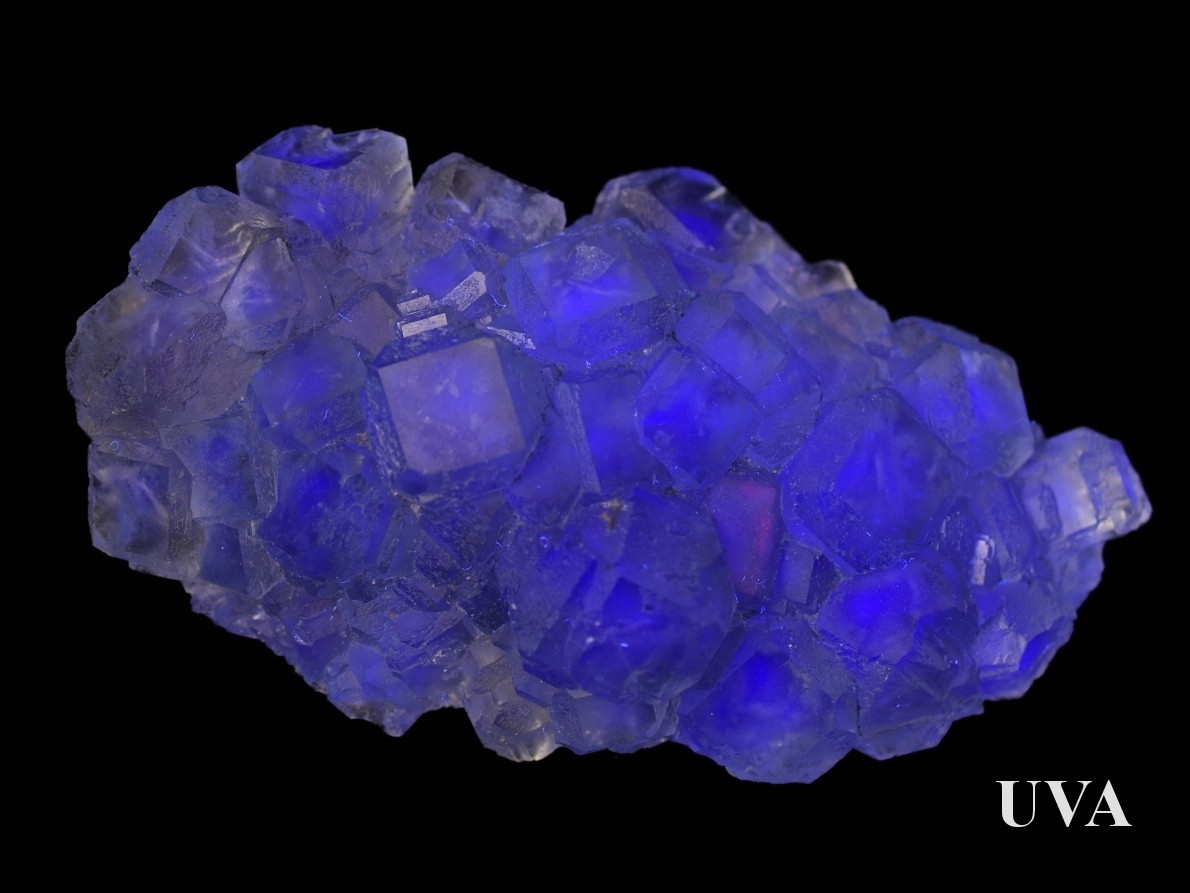 Modrofialově zářící fluorit Xianghualing pod UV světlem.