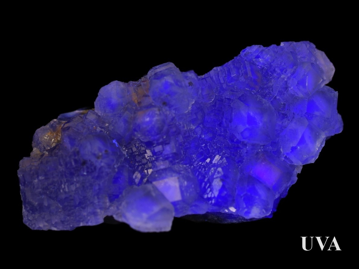 Fluorit z Hunanu se silnou modrofialovou luminiscencí pod UV.