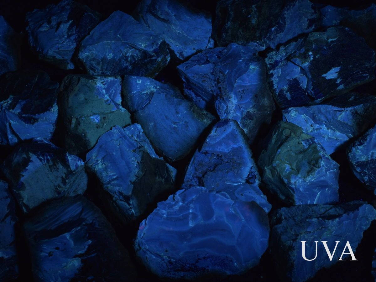 Pravý sumaterský jantar 15–20 g pod UVA lampou s viditelnou UV aktivní fluorescencí.