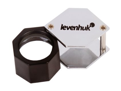 Skládací hexagonální lupa 10x s triplet čočkou, kovové tělo, pro detailní zkoumání minerálů a šperků.