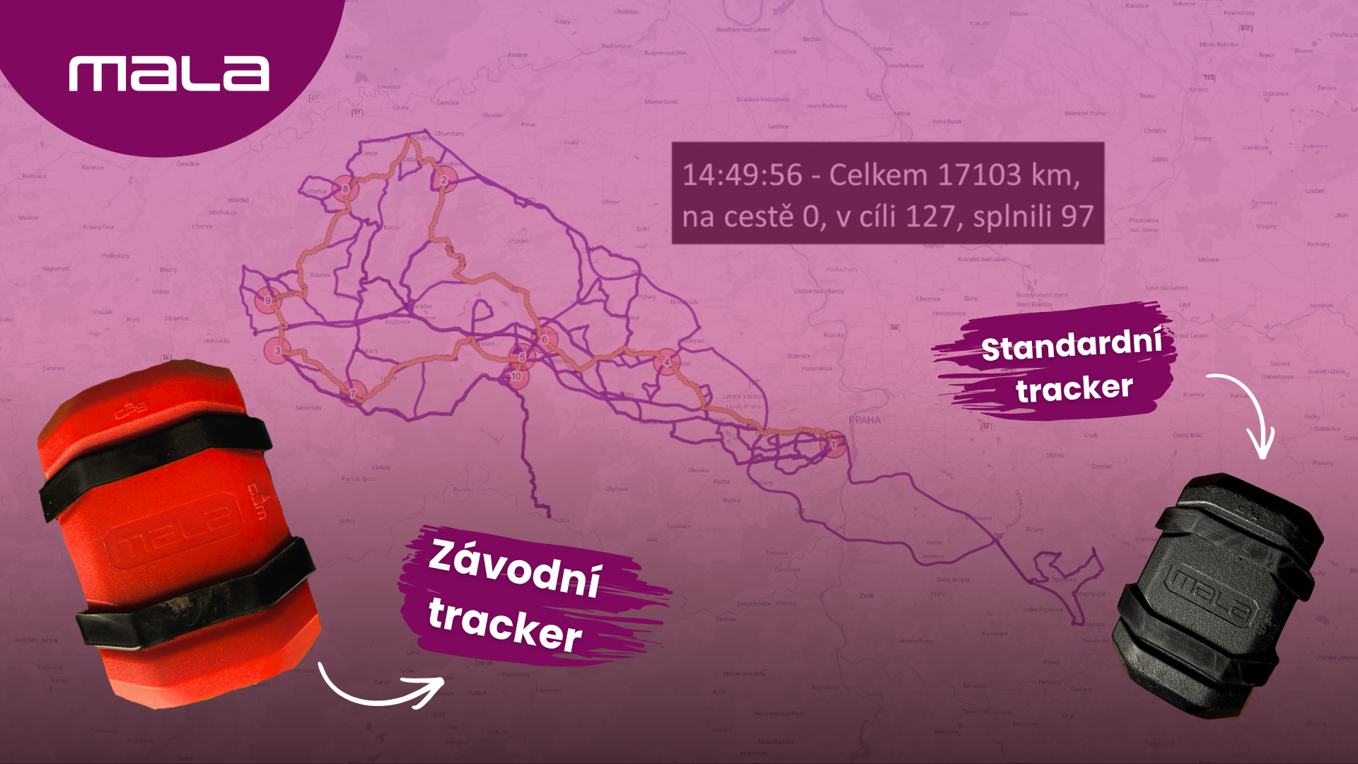 Vykreslená trasa jezdce v softwaru pro GPS monitoring závodu