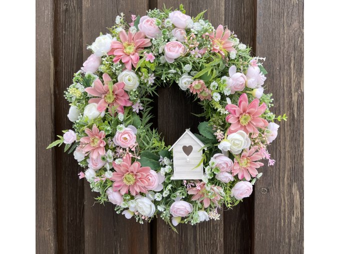 Jarní věnec na dveře růžový s budkou 38 cm