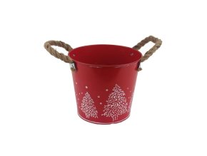 Červený vánoční plechový obal na květiny kulatý 15x13 cm