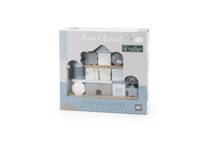 Label Label Drevené kocky Domček, modré