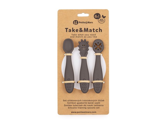 PETITE&MARS Set 3 ks silikónových tréningových lyžičiek Take&Match (Varianta  Bitter Cocoa 6m+)