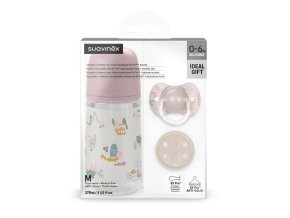 SUAVINEX Sada fľaša 270ml + cumlík fyziologický 0/6m + klip Walk - ružová (Varianta ruzova)