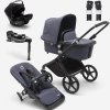 Bugaboo Fox Cub bassinet seat stroller black chassis stormy blue fabrics stormy blue sun canopy x PV006132 01