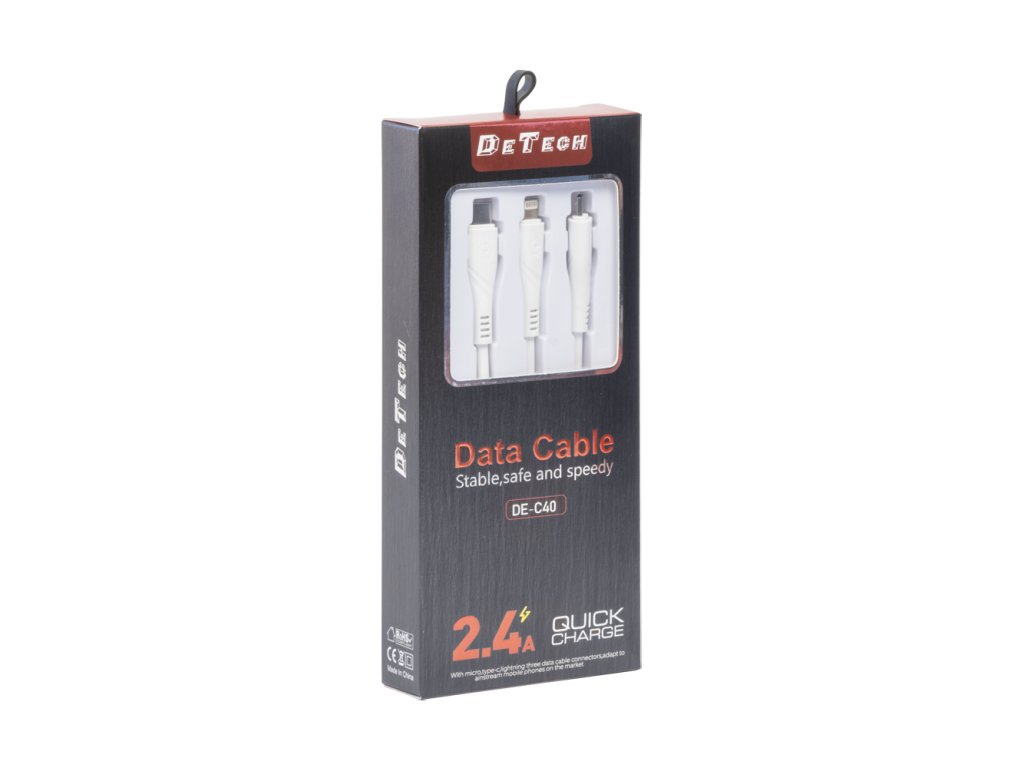 Nabíjecí kabel DeTech 3v1, Micro USB, Lighting, Type-C, 1m - Bílý