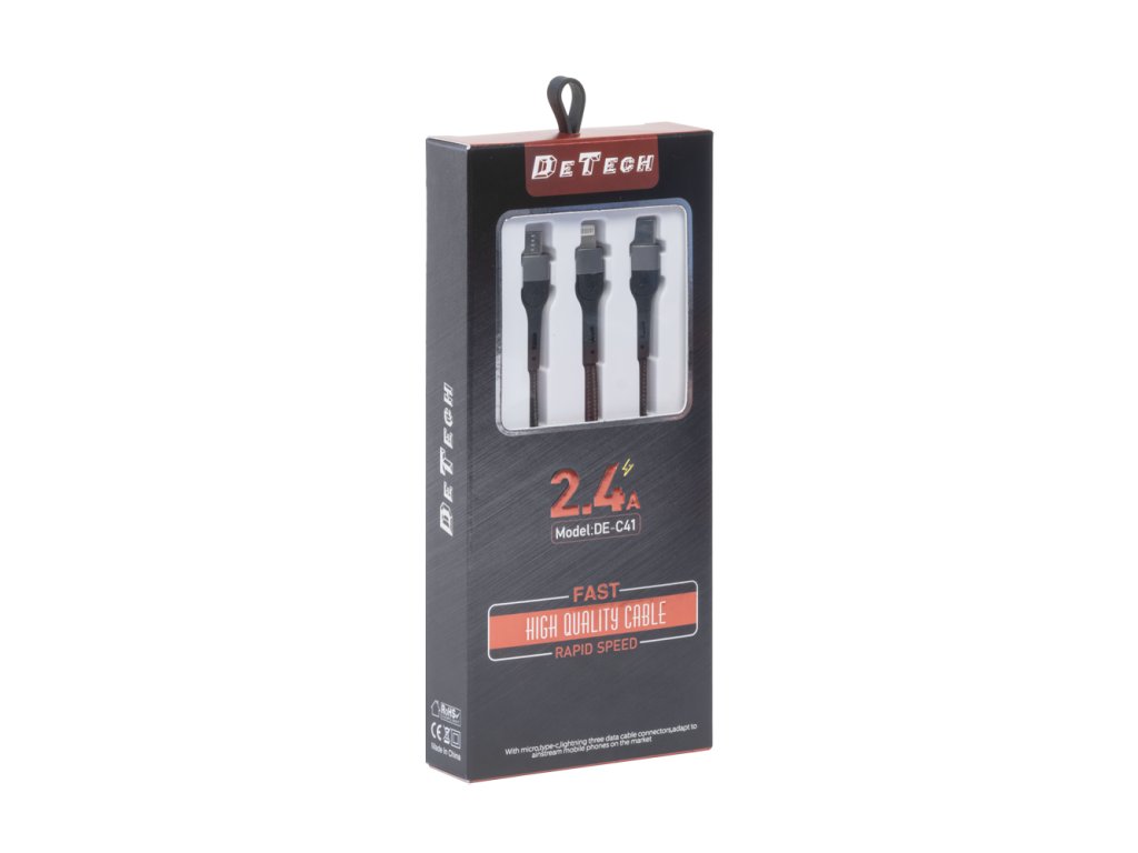 Nabíjecí kabel DeTech icro USB, Lighting, Type-C 1 m - černý