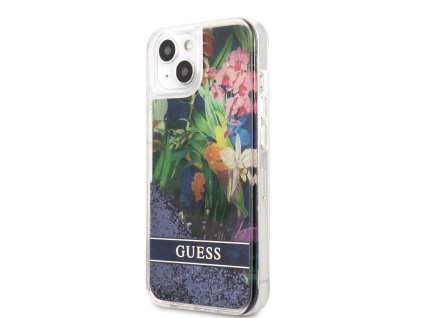 Guess Liquid Glitter Flower Zadní Kryt pro iPhone 13 mini Blue