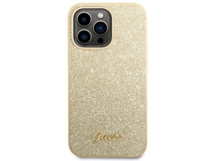 Guess PC/TPU Glitter Flakes Metal Logo Zadní Kryt pro iPhone 14 Pro Max Gold