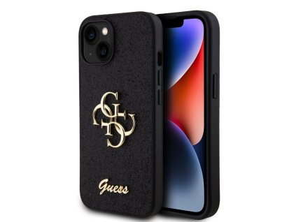 Guess PU Fixed Glitter 4G Metal Logo Zadní Kryt pro iPhone 15 Černý