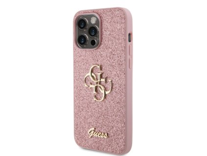 Guess PU Fixed Glitter 4G Metal Logo Zadní Kryt pro iPhone 15 Pro Max Růžový