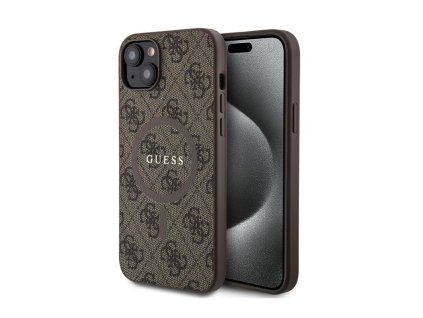 Guess PU Leather 4G Colored Ring MagSafe Zadní Kryt pro iPhone 15 Plus Brown