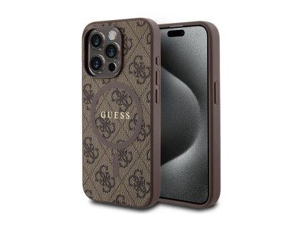 Guess PU Leather 4G Colored Ring MagSafe Zadní Kryt pro iPhone 15 Pro Max Brown