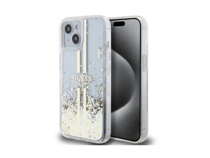 Guess PC/TPU Liquid Glitter Gold Stripe Zadní Kryt pro iPhone 15 Transparent