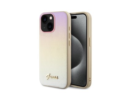 Guess PU Leather Iridescent Metal Script Zadní Kryt pro iPhone 15 Gold