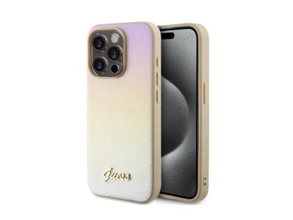 Guess PU Leather Iridescent Metal Script Zadní Kryt pro iPhone 15 Pro Gold