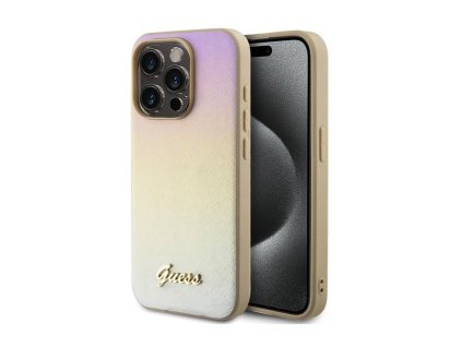 Guess PU Leather Iridescent Metal Script Zadní Kryt pro iPhone 15 Pro Max Gold