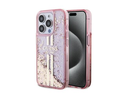 Guess PC/TPU Liquid Glitter Gold Stripe Zadní Kryt pro iPhone 15 Pro Pink