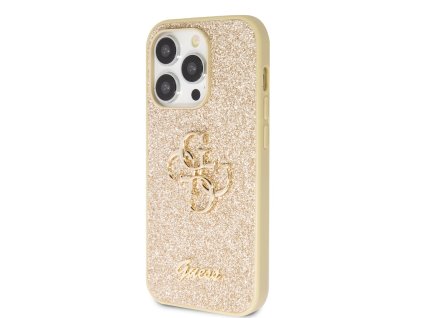 Guess PU Fixed Glitter 4G Metal Logo Zadní Kryt pro iPhone 15 Pro Max Zlatý