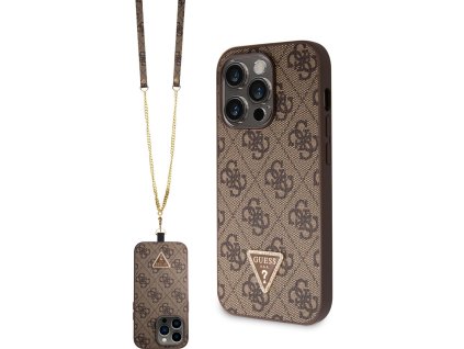 Guess PU 4G Strass Triangle Metal Logo Kryt + Crossbody Popruh iPhone 15 Pro Max hnědý