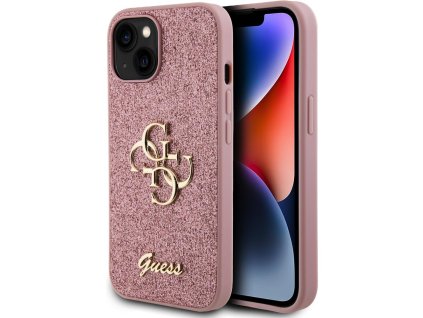 Guess PU Fixed Glitter 4G Metal Logo kryt iPhone 15 růžový