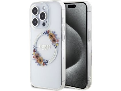 Guess PC/TPU Flowers Ring Glossy Logo MagSafe kryt iPhone 15 Pro čirý