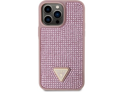 Guess Rhinestones Triangle Metal Logo kryt pro iPhone 14 Pro Max růžový