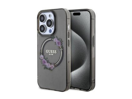 Guess PC/TPU Flowers Ring Glossy Logo MagSafe Zadní Kryt pro iPhone 15 Pro Black