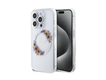 Guess PC/TPU Flowers Ring Glossy Logo MagSafe Zadní Kryt pro iPhone 15 Pro Max Transparent