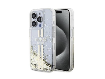 Guess PC/TPU Liquid Glitter Gold Stripe Zadní Kryt pro iPhone 15 Pro Transparent