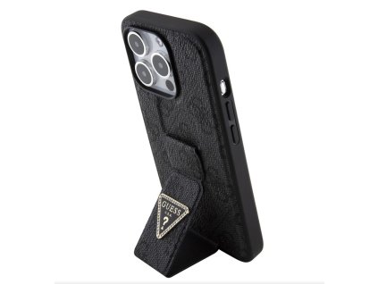 Guess PU Grip Stand 4G Strass Triangle Metal Logo Zadní Kryt pro iPhone 15 Pro Black