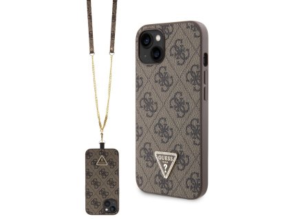 Guess PU 4G Strass Triangle Metal Logo Zadní Kryt + Crossbody Popruh pro iPhone 15 Brown