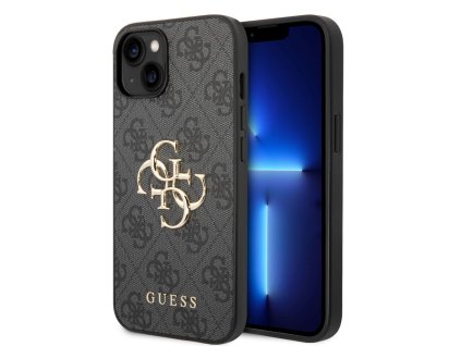 Guess PU 4G Metal Logo Zadní Kryt pro iPhone 15 Grey