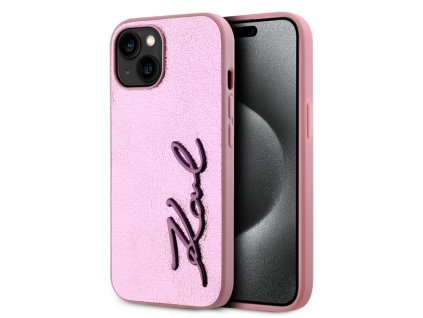 Karl Lagerfeld Wrinkled PU Signature Logo Zadní Kryt pro iPhone 15 Pink
