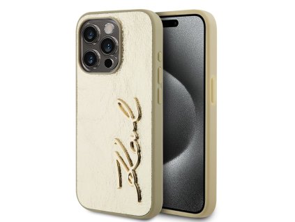 Karl Lagerfeld Wrinkled PU Signature Logo Zadní Kryt pro iPhone 15 Pro Gold