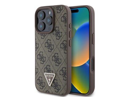 Guess PU 4G Strass Triangle Metal Logo Zadní Kryt pro iPhone 16 Pro Brown