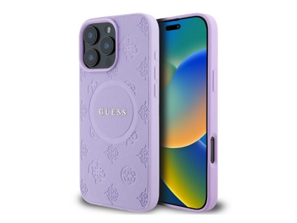 Guess Saffiano Peony Stamp MagSafe Zadní Kryt pro iPhone 16 Pro Purple