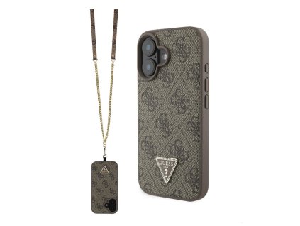 Guess PU 4G Strass Triangle Metal Logo Zadní Kryt + Crossbody Popruh pro iPhone 16 Brown